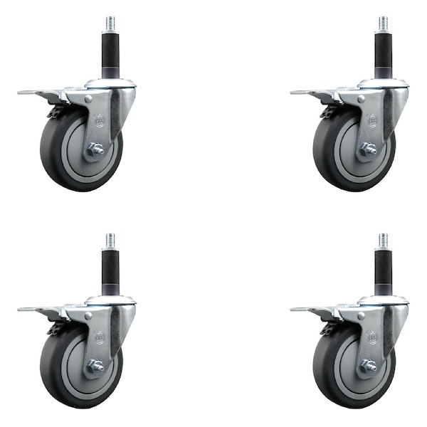 4'' Thermoplastic Rubber Swivel 1'' Expanding Stem Caster Set Total Lock Brake, 4PK